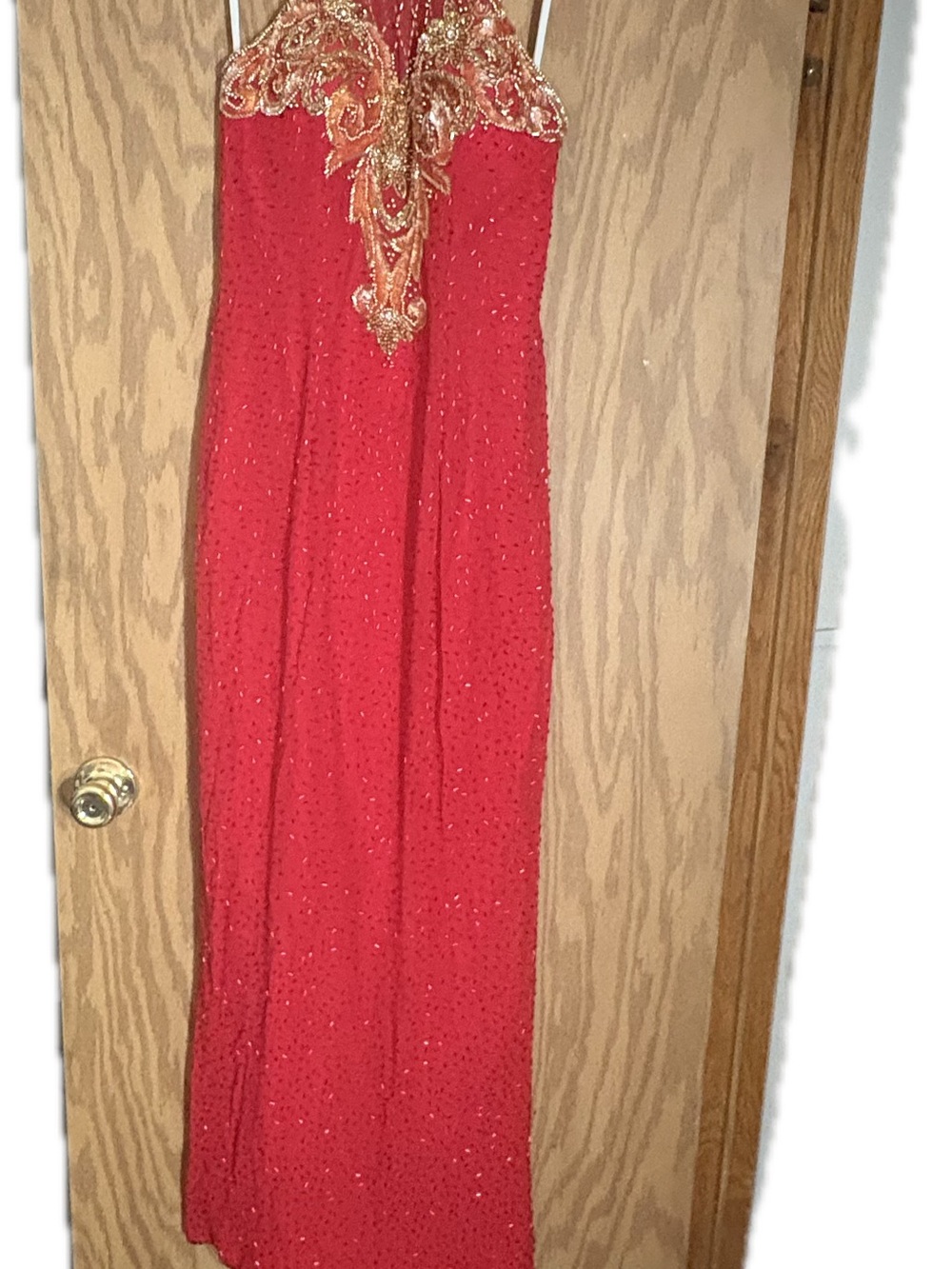 Red Beaded Halter Prom Dress with Ornate Neckline